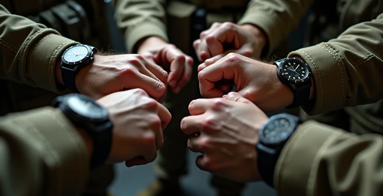 Gros plan sur les mains de plusieurs opérateurs militaires synchronisant leurs montres tactiques avant une mission
