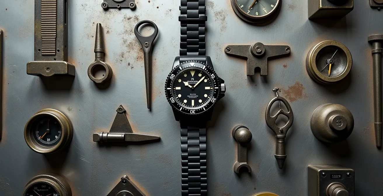 Composition artistique montrant une montre tactique entourée d'équipements militaires interconnectés